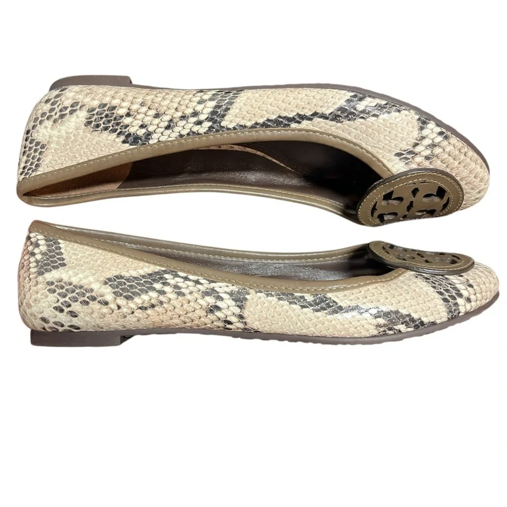 Tory Burch Louisa Python Brown Beige Black Snake Print Logo Ballet Flat Size 6.5